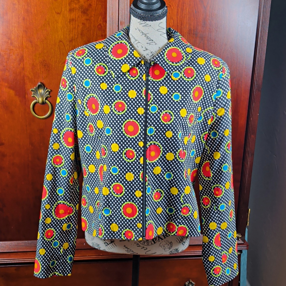 Lorizoni Womens Colorful Polka Dot Zip Front Lined Short Jacket Long Sleeve L